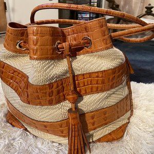 Leather Raffia Drawstring Bucket/Hobo Bag
